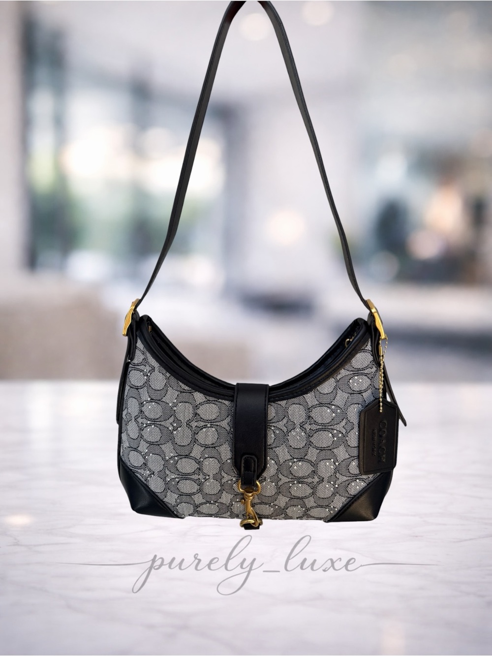 Rhinestone Hobo Shoulder Bag with Black Trim